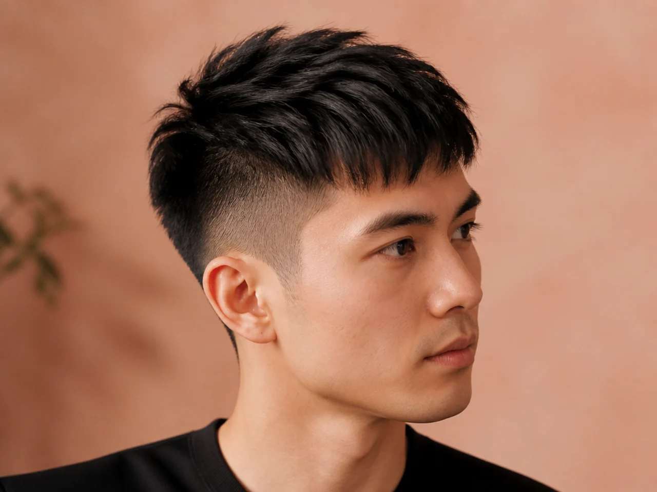 Short two block undercut with hard-line disconnect at the temple on straight black Asian hair