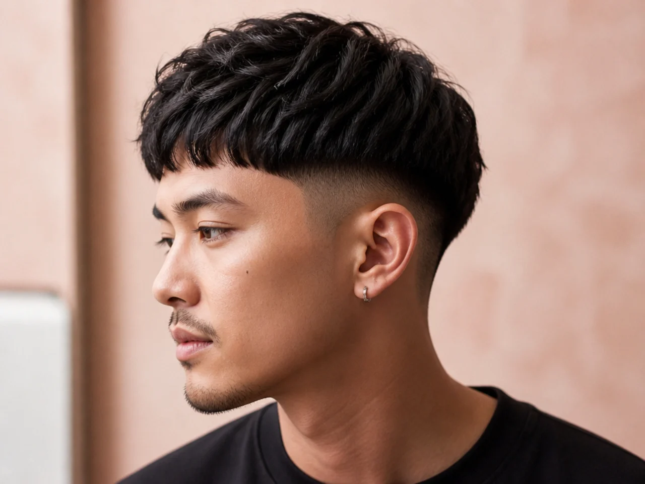 Short two block with drop fade curving behind the ear on straight black Asian hair