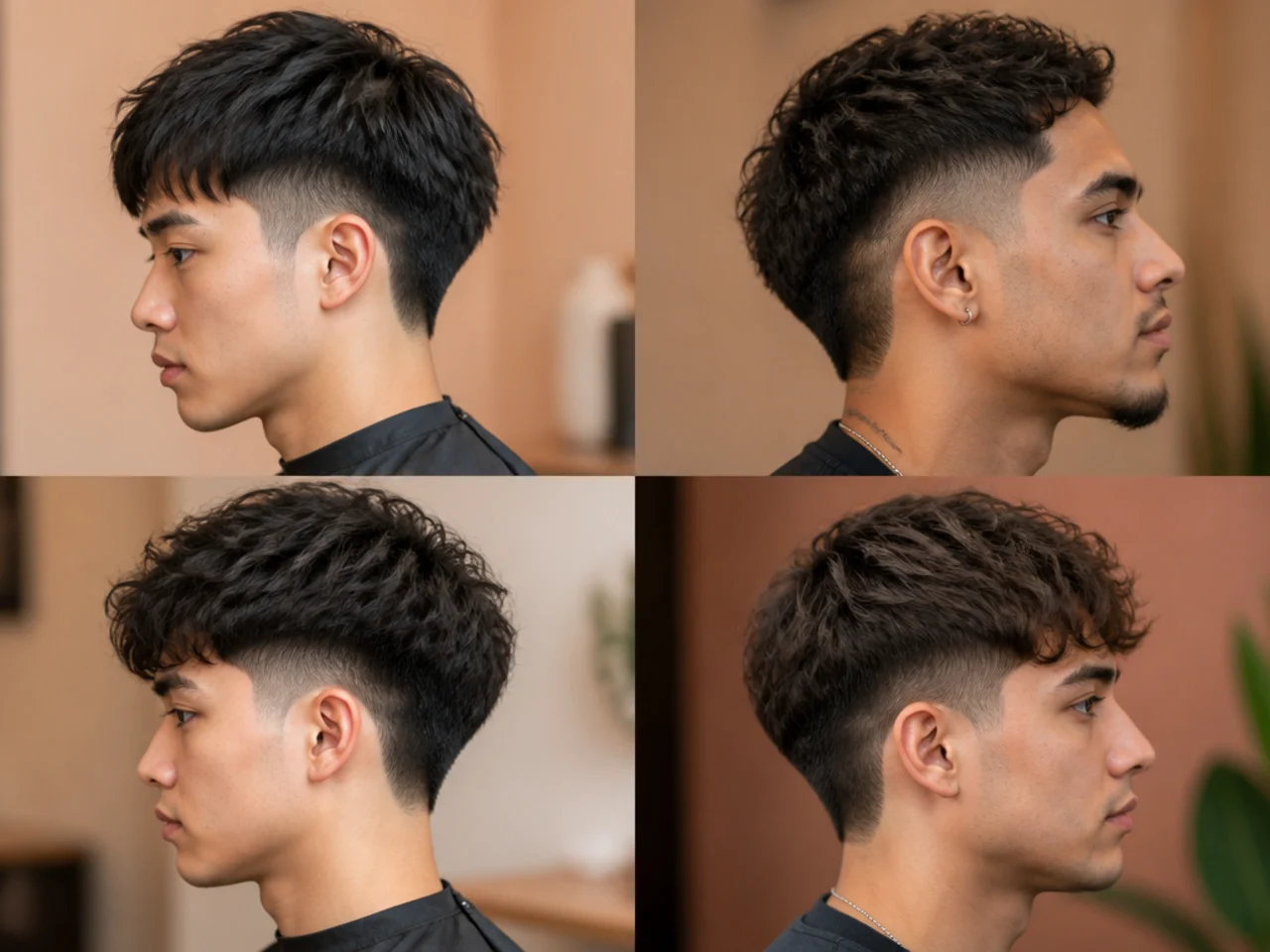 Short two block with burst fade radiating around the ear on straight black Asian hair