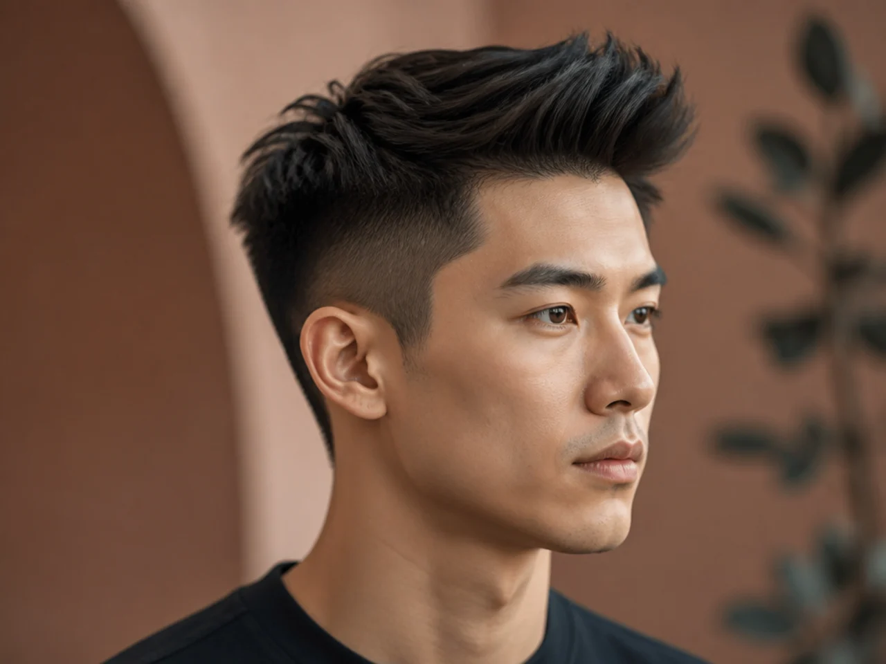 Short brushed-up two block with lifted crown on straight black Asian hair