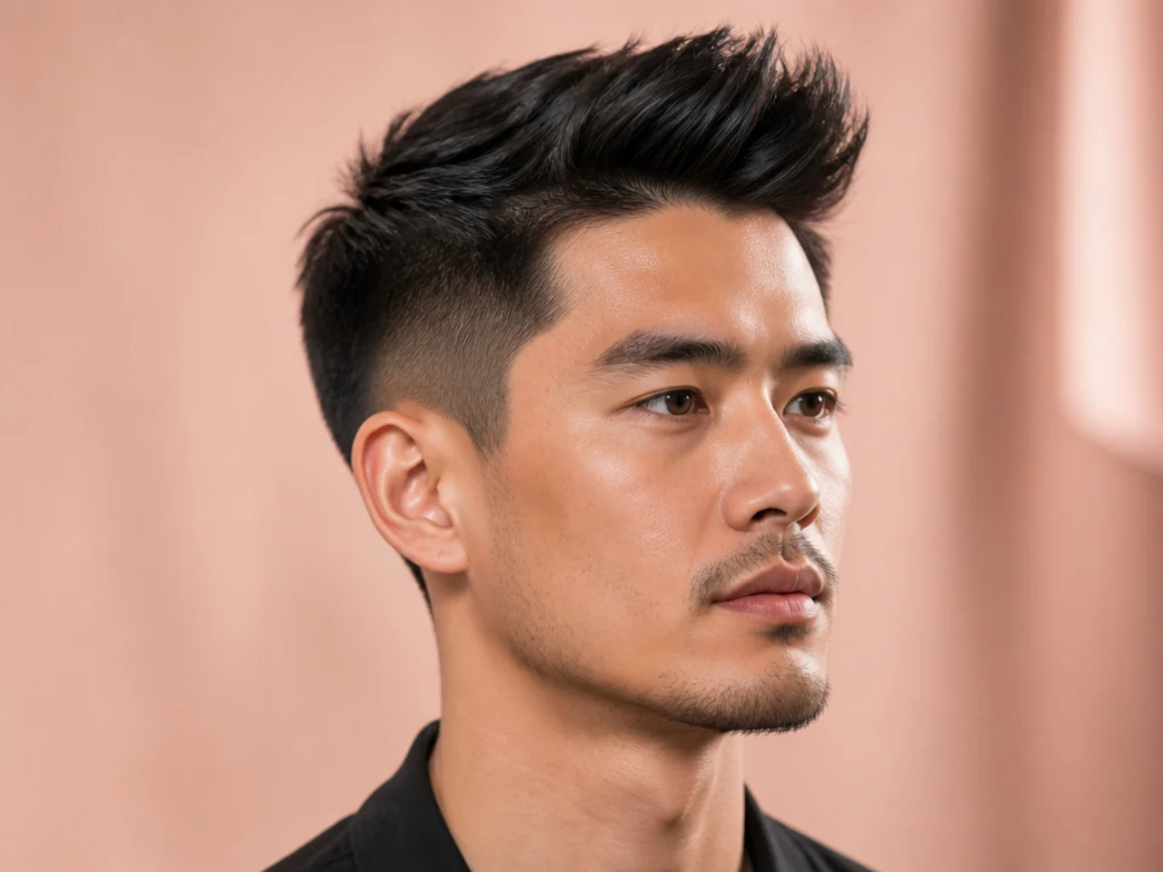 Short two block quiff with lifted front and swept back top on straight black Asian hair