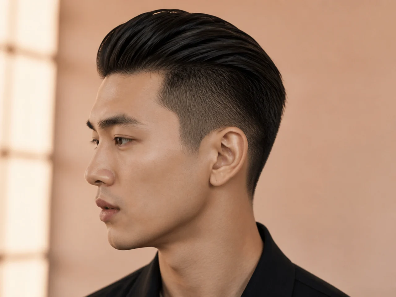 Short slicked-back two block with glossy back-swept top on straight black Asian hair