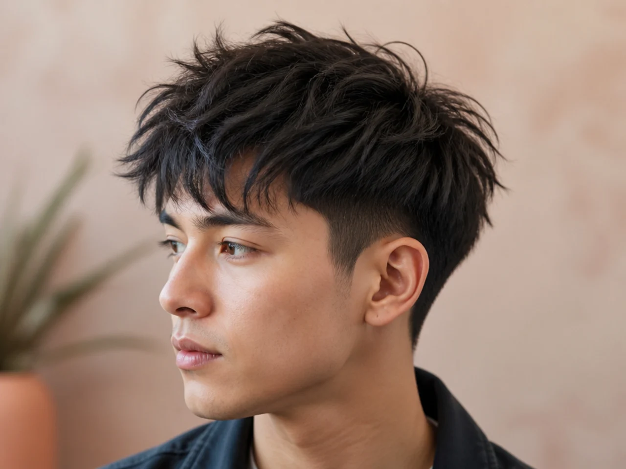 Short messy two block with hand-styled random texture on straight black Asian hair