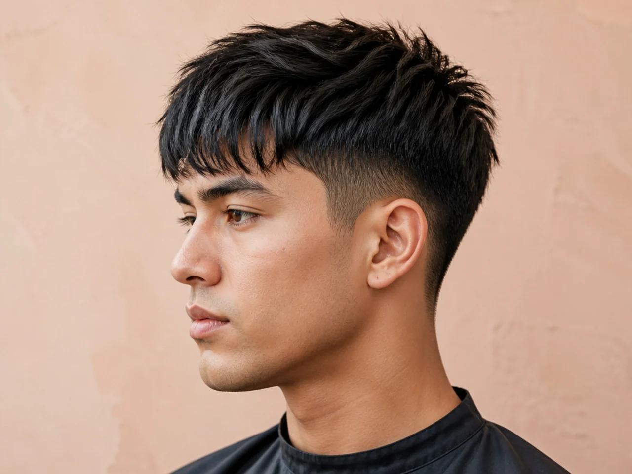 Short two block on thick coarse black Asian hair with bulk removed from underneath