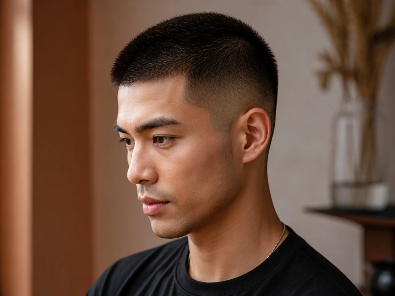 Buzzed short two block with 1-inch top and half-guard hidden sides on straight black Asian hair