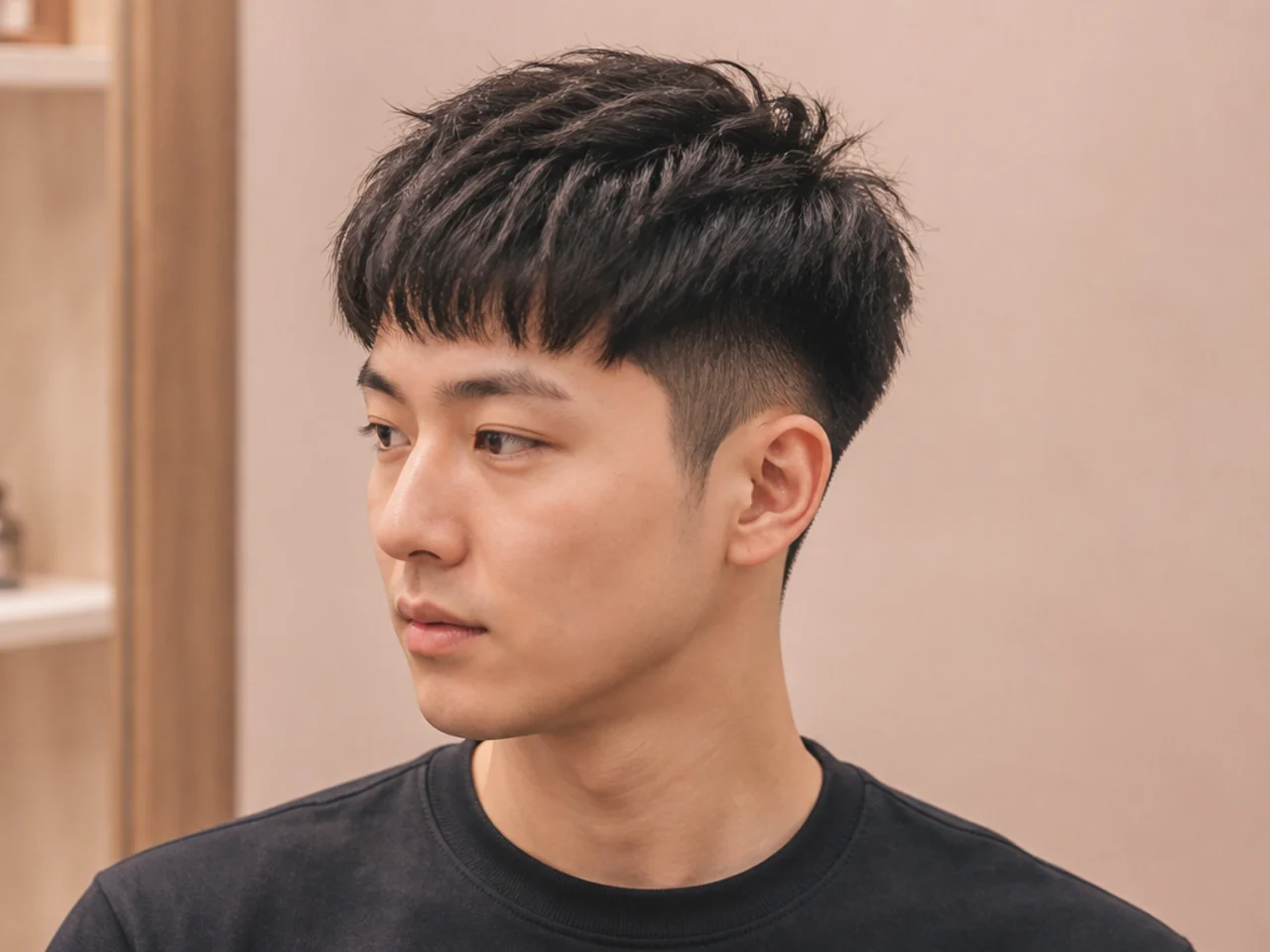 Short two block on fine straight black Asian hair with heavy internal texture