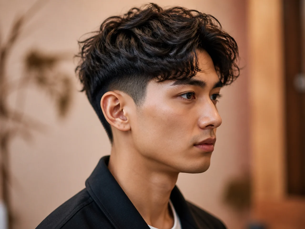 Short two block on wavy black Asian hair with natural wave through the top