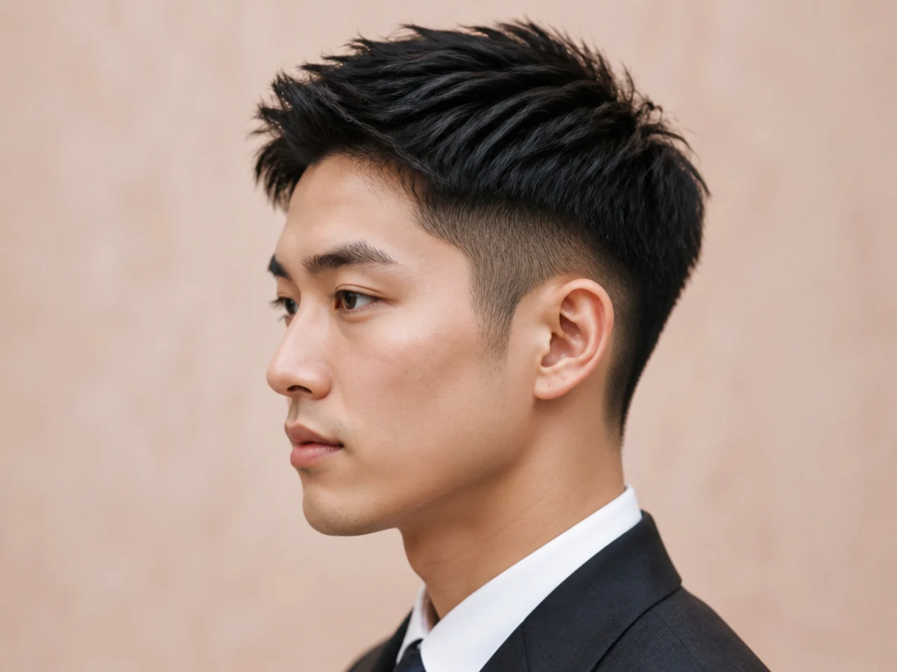 Short corporate two block with 1.5-inch top and clean scissor-blended sides on straight black Asian hair