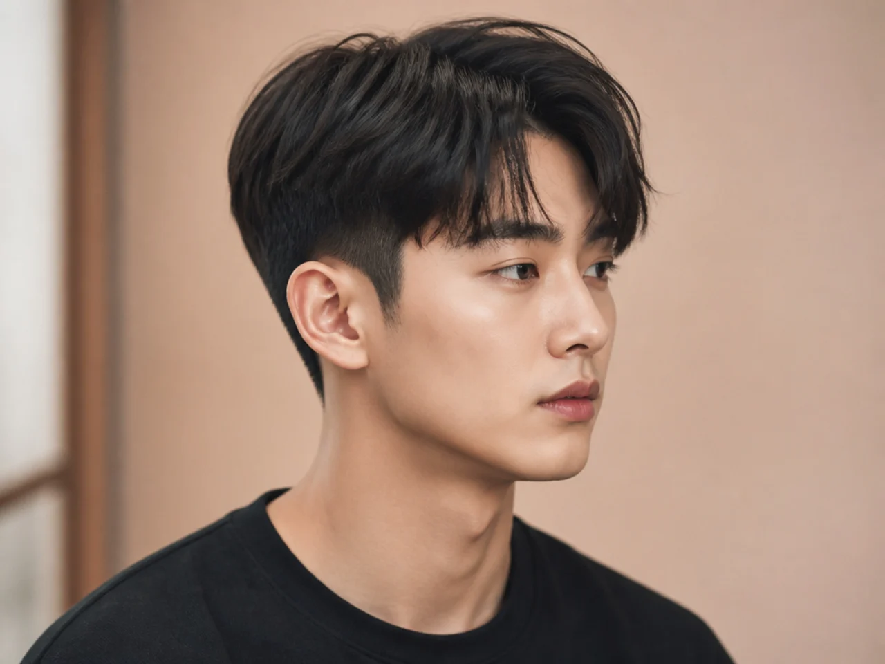 Short K-drama two block with glossy 2.5-inch top and soft side-swept front on straight black Asian hair