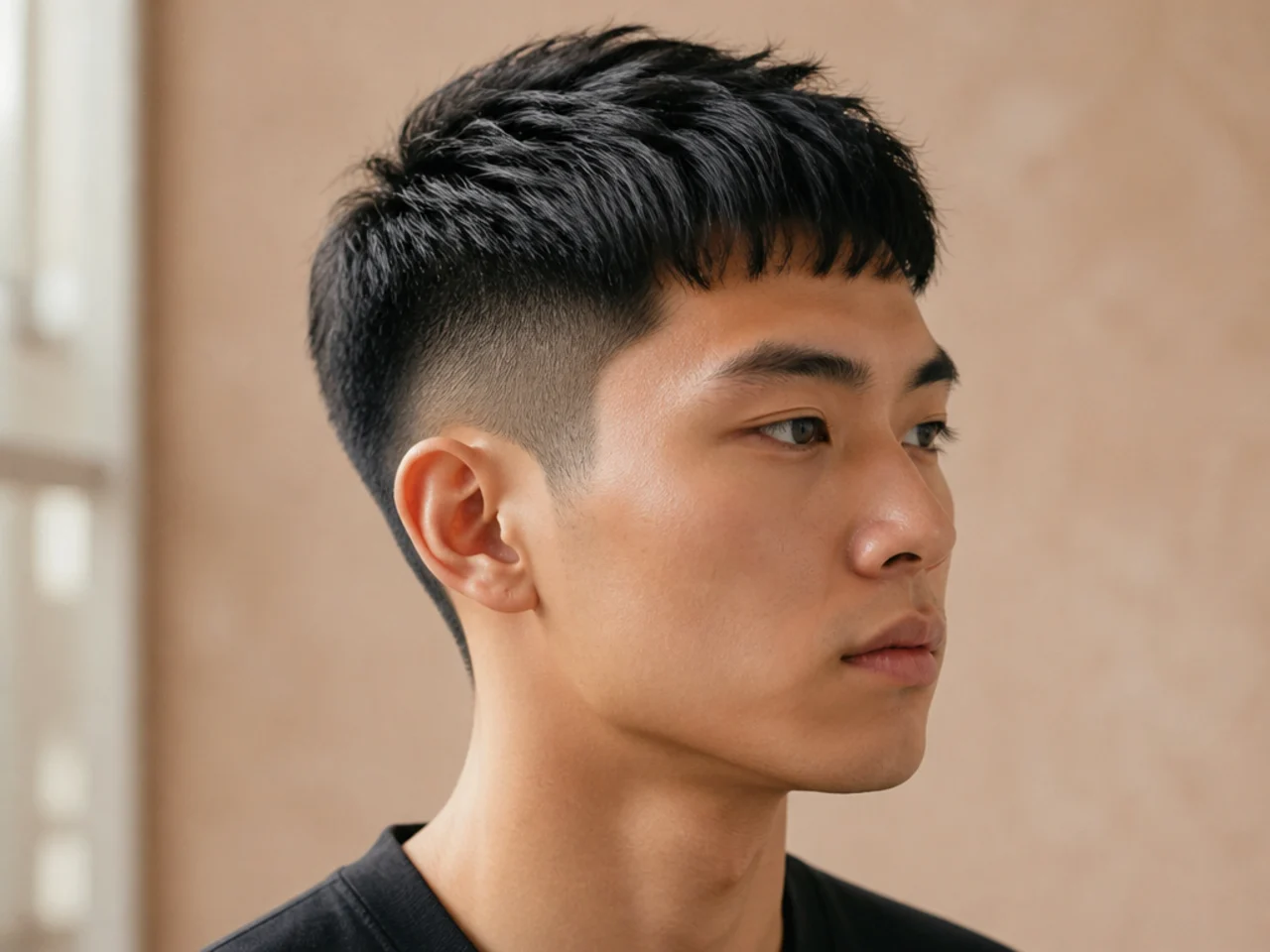 Short fringe two block with heavy forward fringe covering the forehead on straight black Asian hair