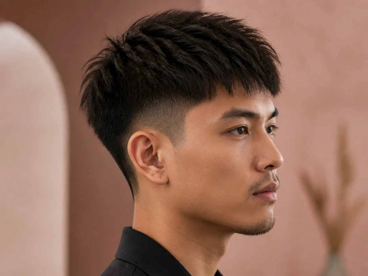 Short crop two block with textured fringe pushed forward on straight black Asian hair