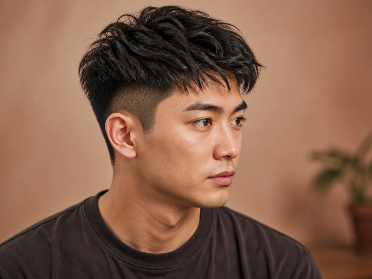 Short textured two block with point-cut piecey ends on straight black Asian hair