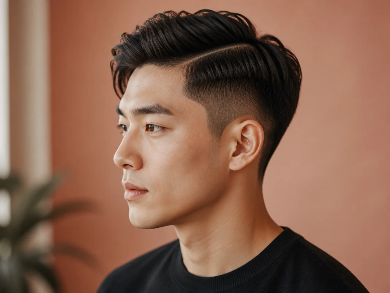 Short side-part two block with hard side part on the left on straight black Asian hair