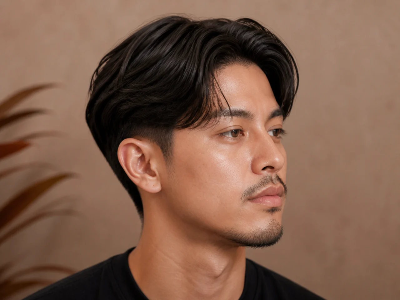 Short middle-part two block with 3 inches on top and center parting on straight black Asian hair