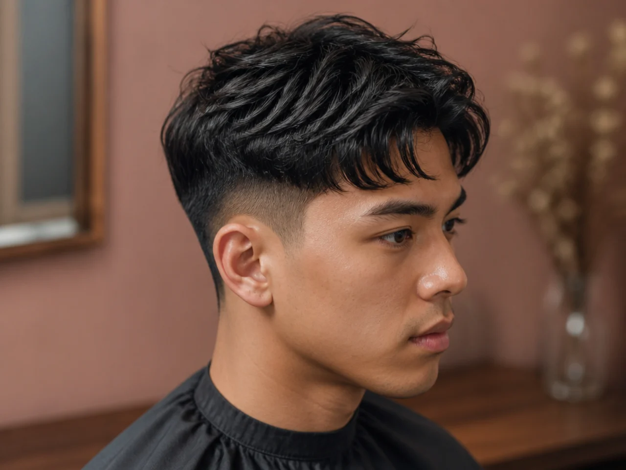 Short comma two block with a curled front hook toward the dominant eye on straight black Asian hair