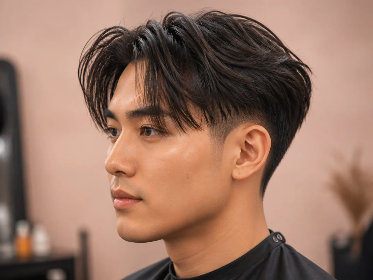 Short curtain two block with center-parted fringe falling above the eyebrows on straight black Asian hair