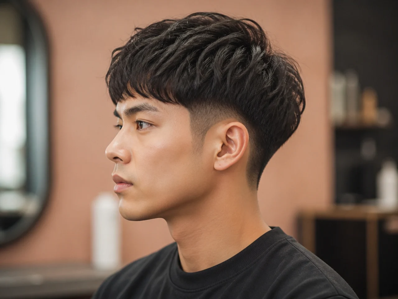 Short two block with a subtle low taper at the sideburn on straight black Asian hair