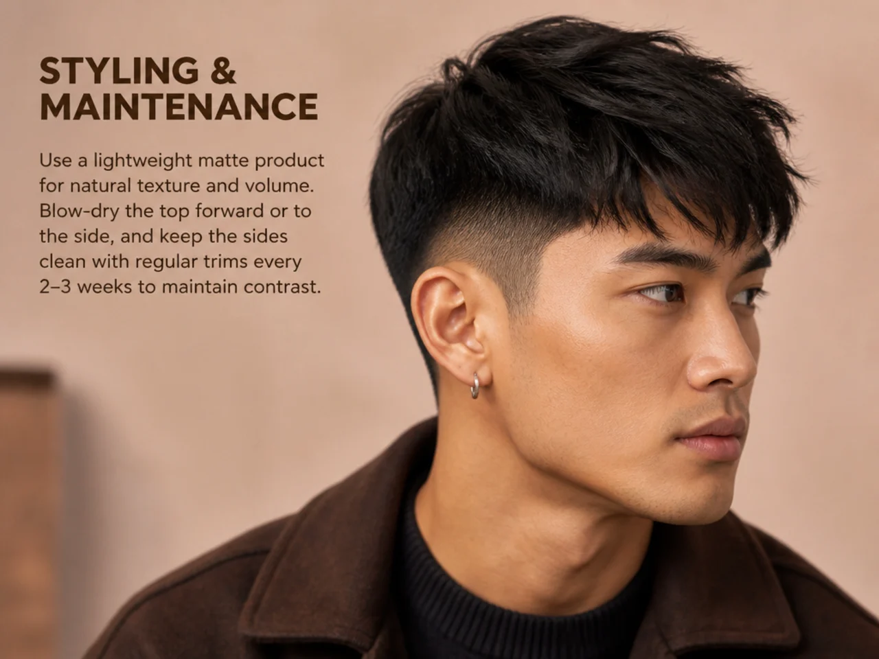 Matte clay round brush and light hairspray for styling a short two block haircut