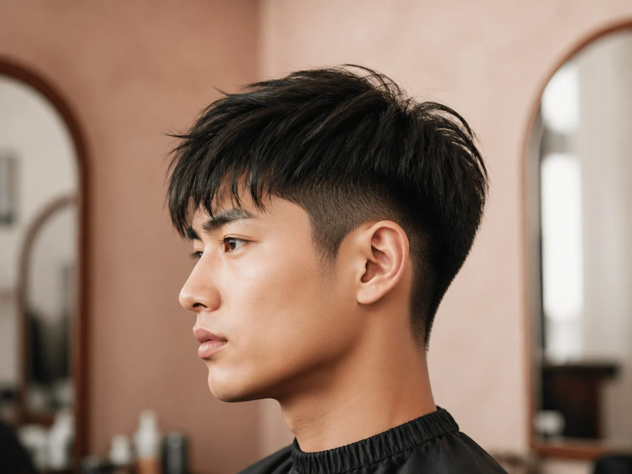 Short two block haircut with 2-inch top and hidden one-guard sides on straight black Asian hair