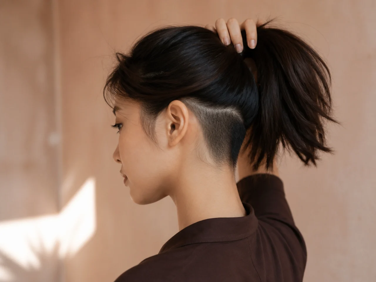 A nape undercut revealed by a ponytail