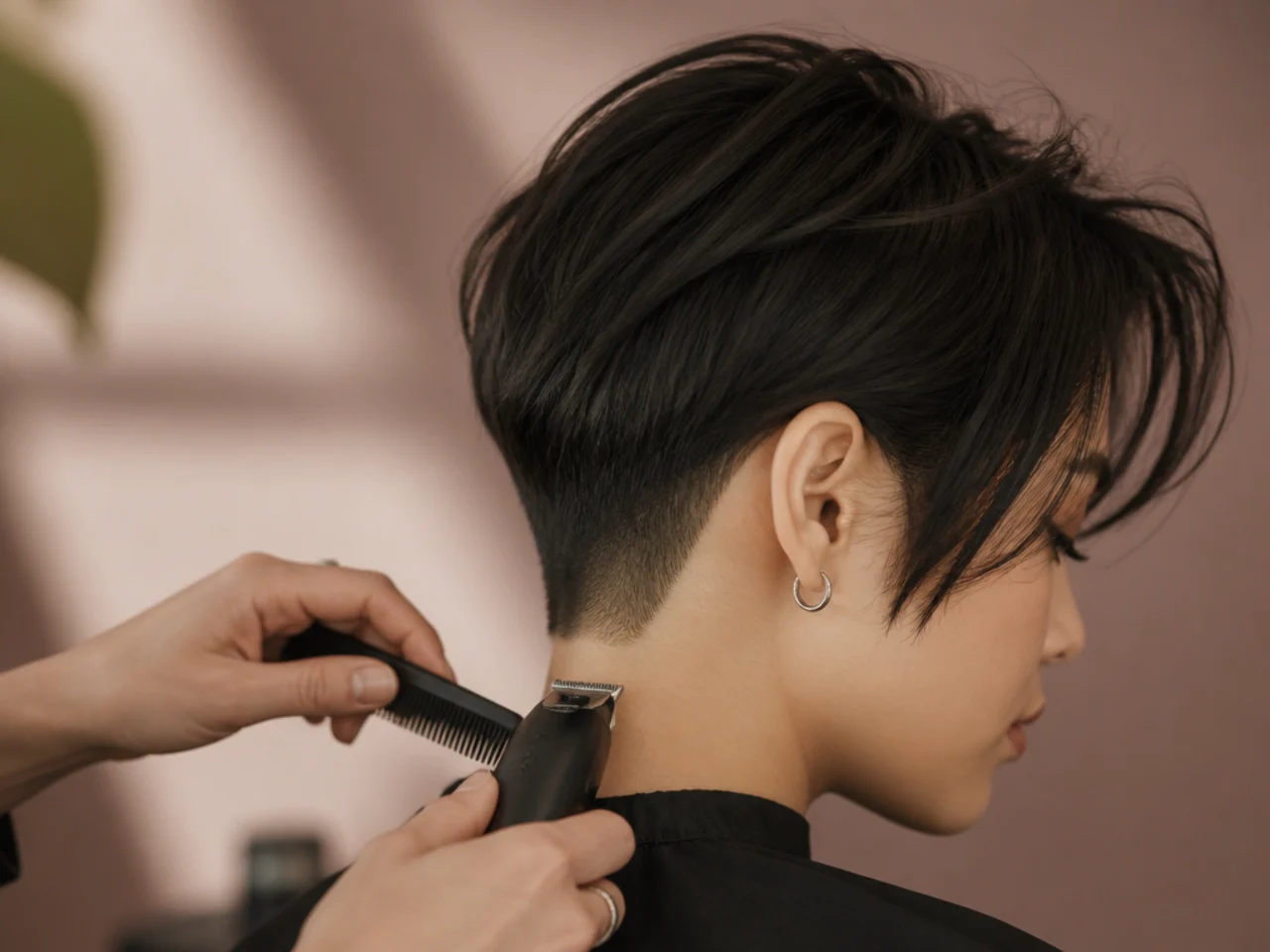 An undercut line being placed at the nape