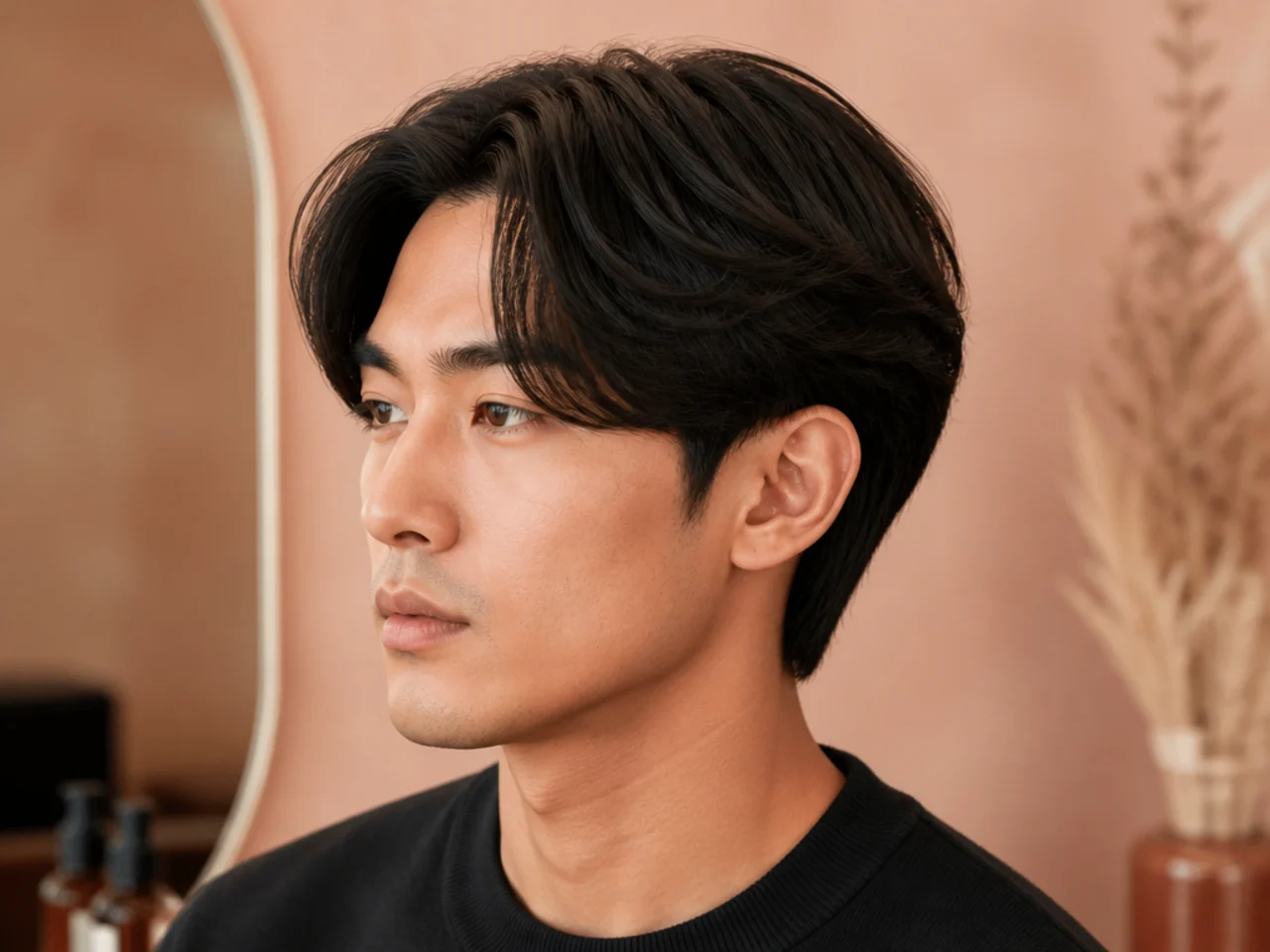 Layered two block middle part on a young man showing stepped internal layers and 5-inch curtain top
