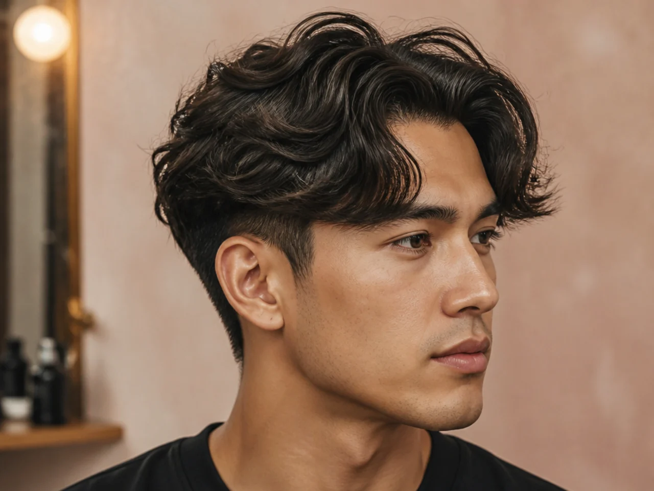 Wavy two block middle part on a young man with natural 2B wave pattern falling from a center split