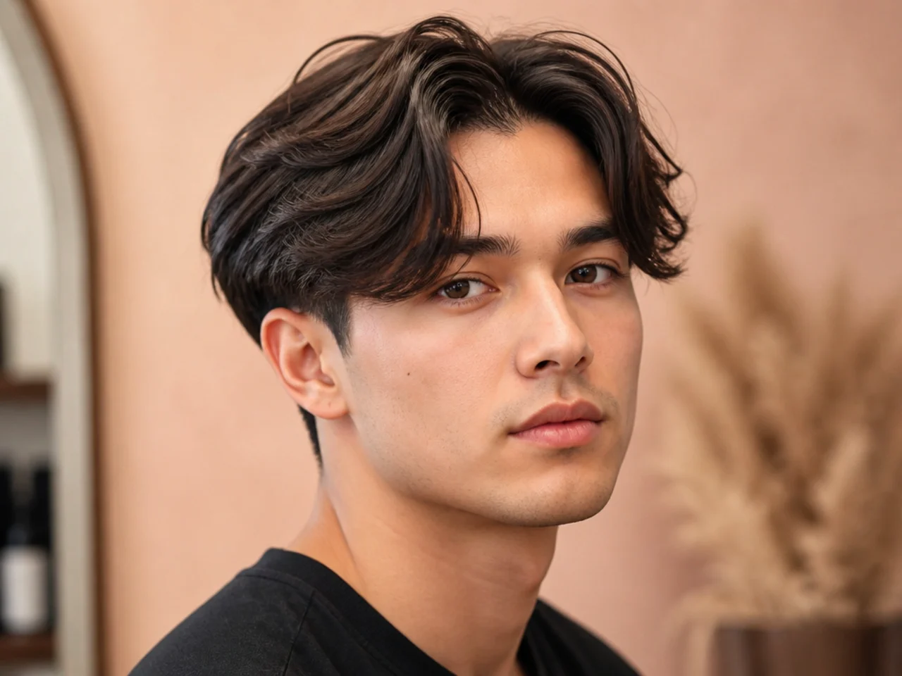 Two block middle part with curtain bangs on a young Korean man showing full curtain fringe reaching the cheekbones