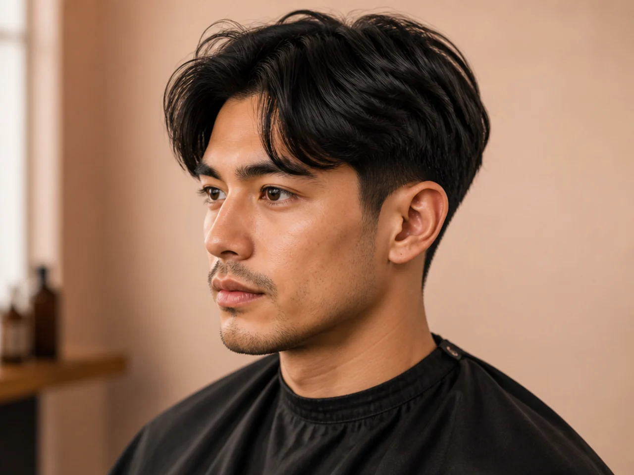 Comma-front two block middle part on a Korean man with curled front pieces hooking inward off the center split
