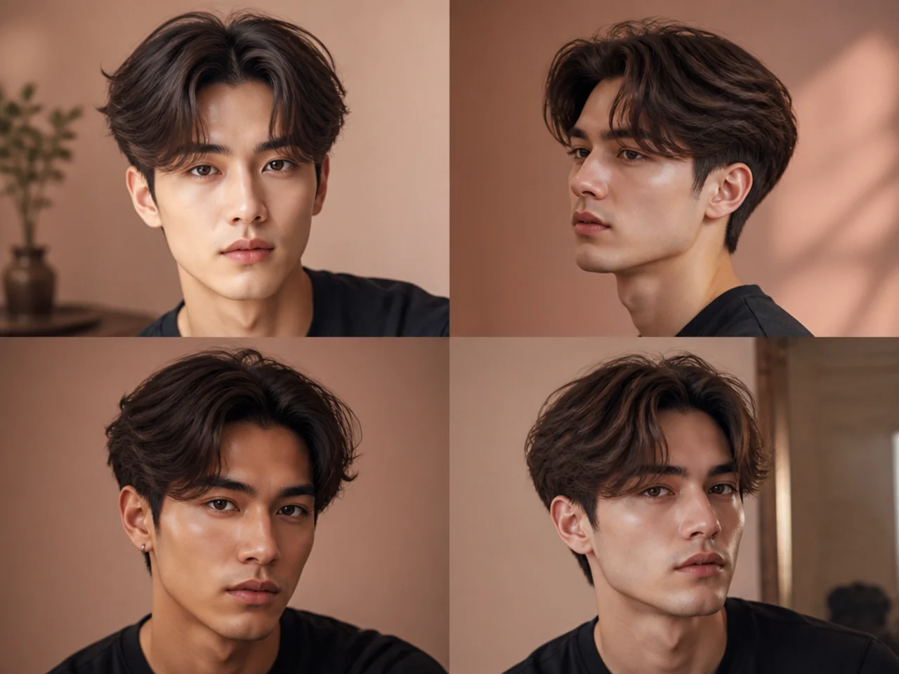 Feathered two block middle part on a young man with soft wispy ends and airy curtain drape