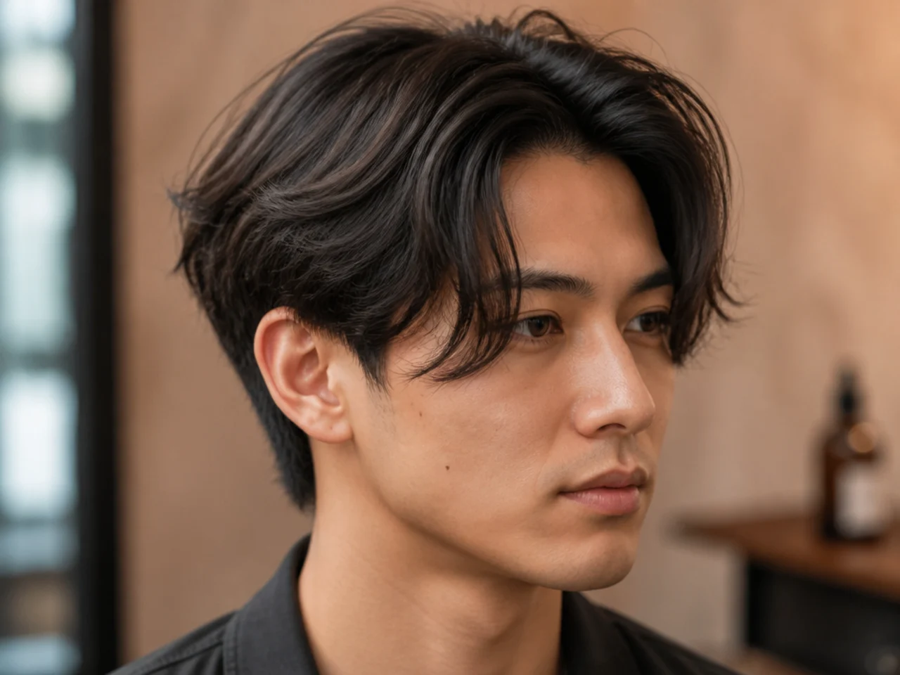 Overgrown two block middle part on a young man with 6-plus-inch top and softening horseshoe line at the sides