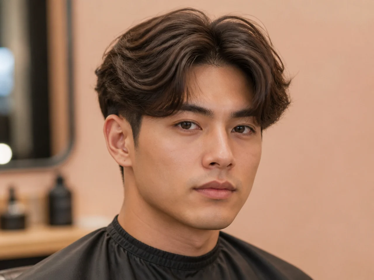 Volume blowout two block middle part on a Korean man with root-lifted crown and 5-inch curtain drop