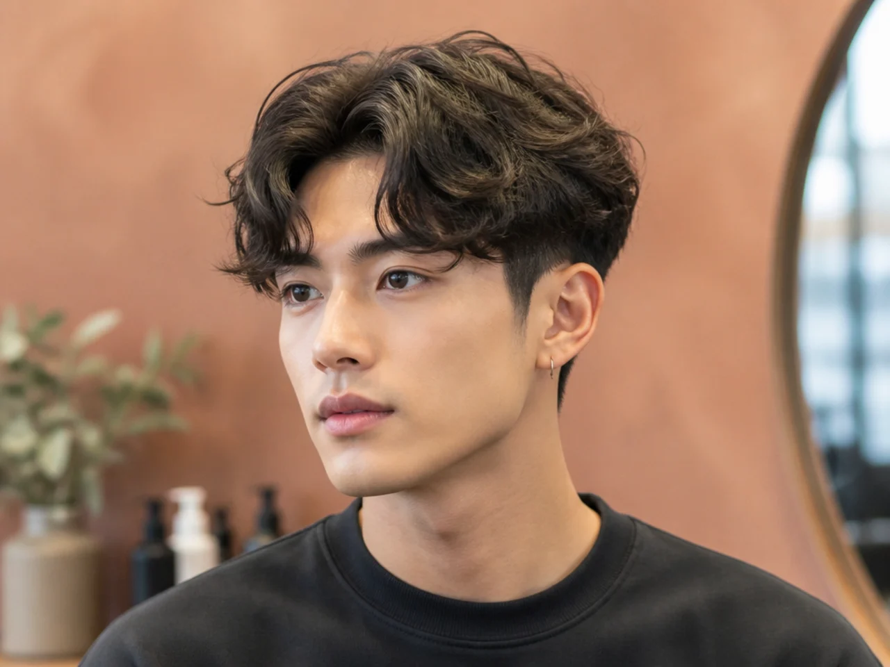Two block middle part with perm on a young Korean man showing soft wave-set curtains from a center split