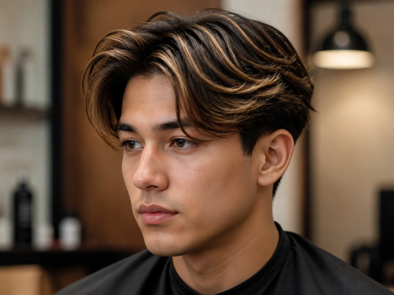 Two block middle part with highlights on a young man showing subtle blonde streaks through the curtain drape