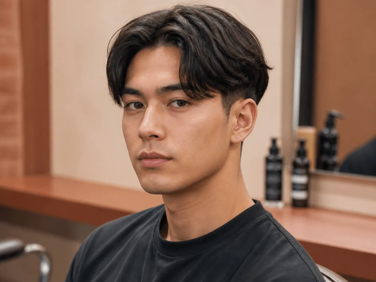 Short two block middle part on a young Asian man with 4-inch top and clean one-guard hidden sides
