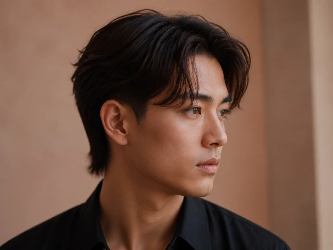 Two block middle part mullet on a young man showing center-split curtain top and layered length running past the collar