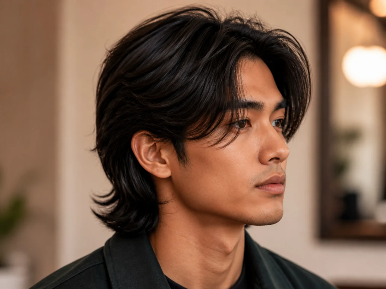Long two block middle part on a Korean man with 6-inch curtain top past the cheekbones and hidden one-guard sides
