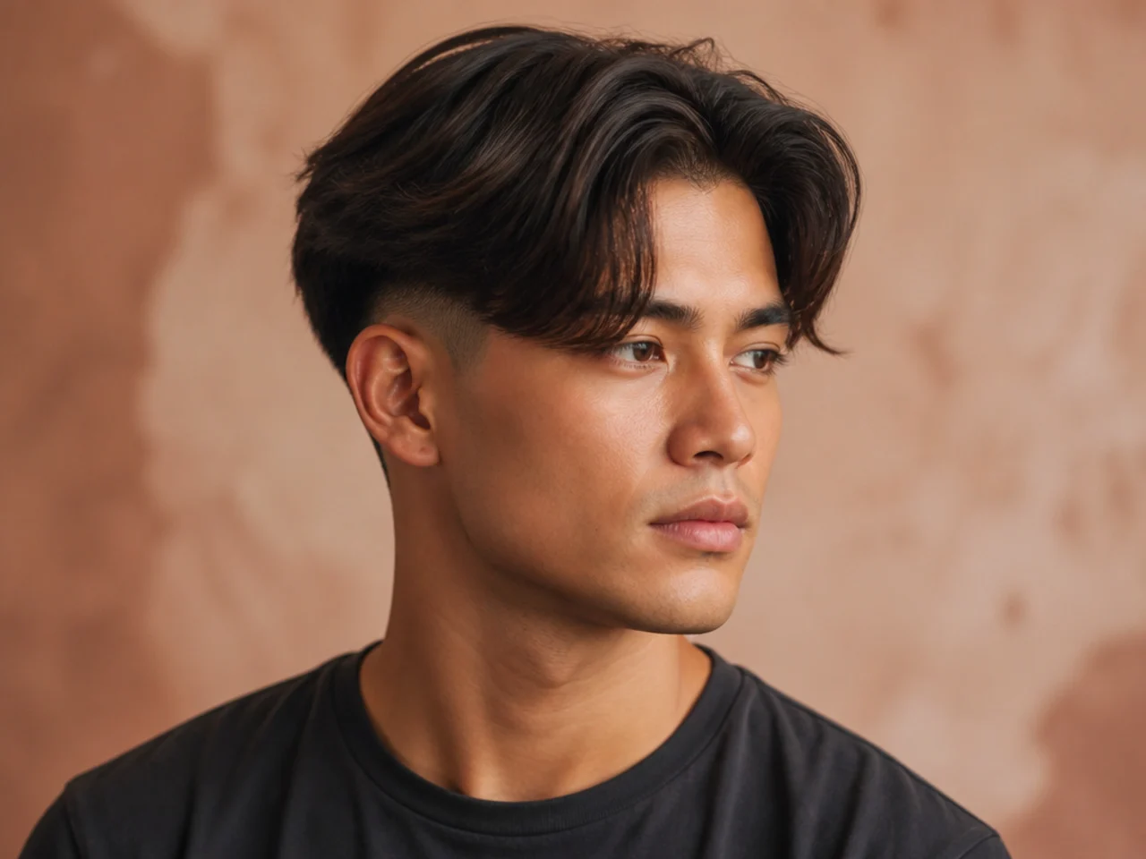 Two block middle part with low taper fade on a young man showing clean fade at the sideburn and 5-inch curtain top