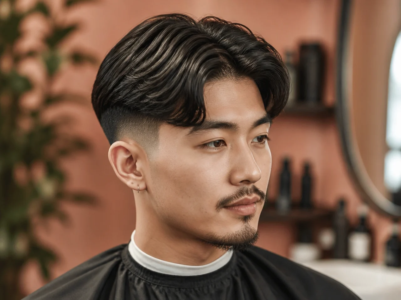 Two block middle part with mid fade on a young Asian man with fade starting at the temple and 5-inch curtain top