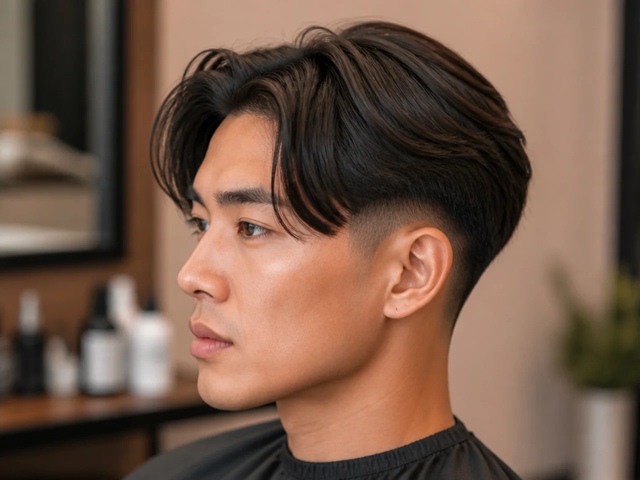 Two block middle part with drop fade on a young man showing curved fade dropping behind the ear and 5-inch curtain top