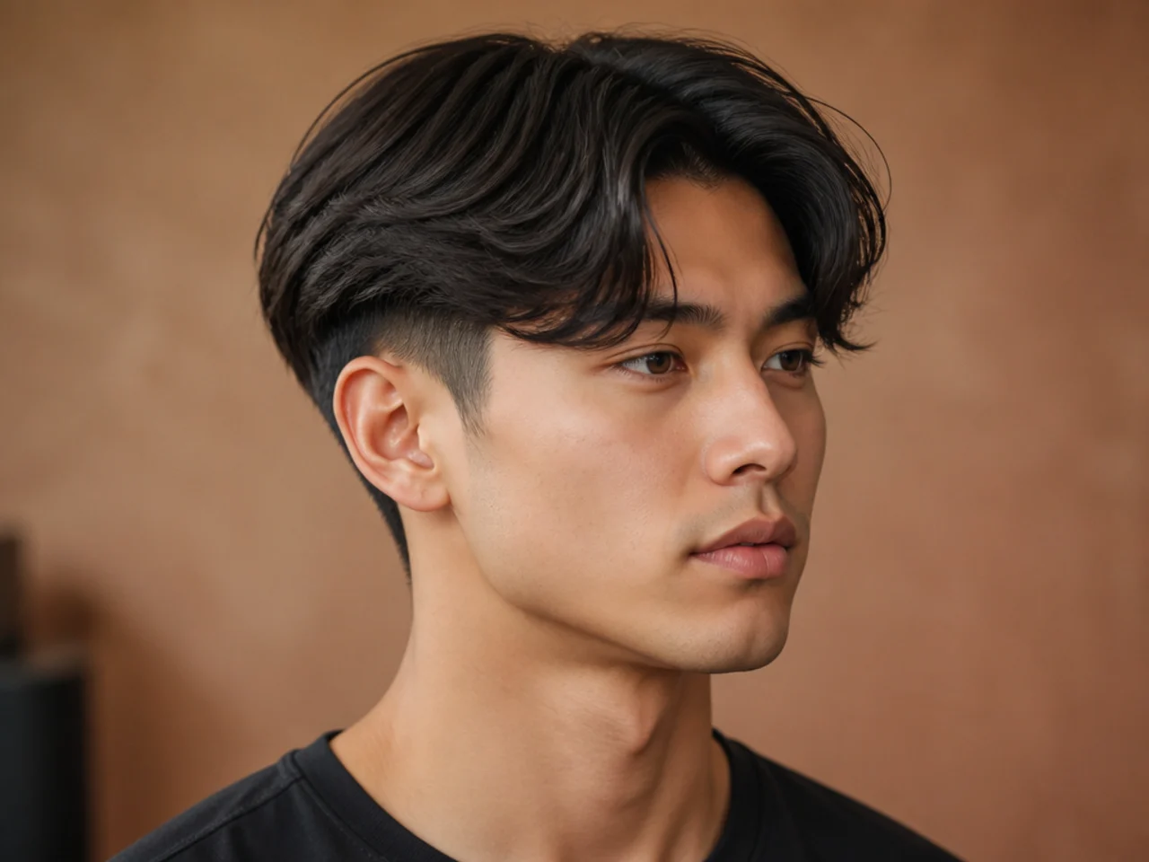 Two block middle part undercut on a young Korean man with hard disconnected clipper line at the temple and 5-inch curtain top