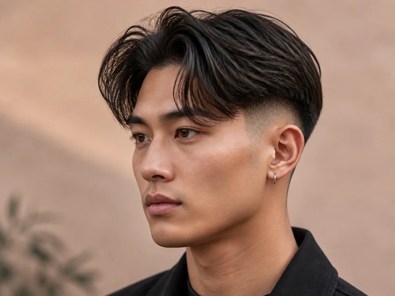 Two block middle part with skin fade on a young man showing sharp fade to bald and 5-inch curtain top