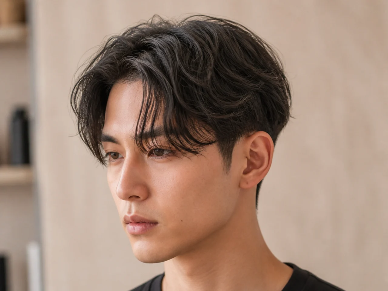 Textured two block middle part on a young Asian man with point-cut top and choppy movement through the curtains