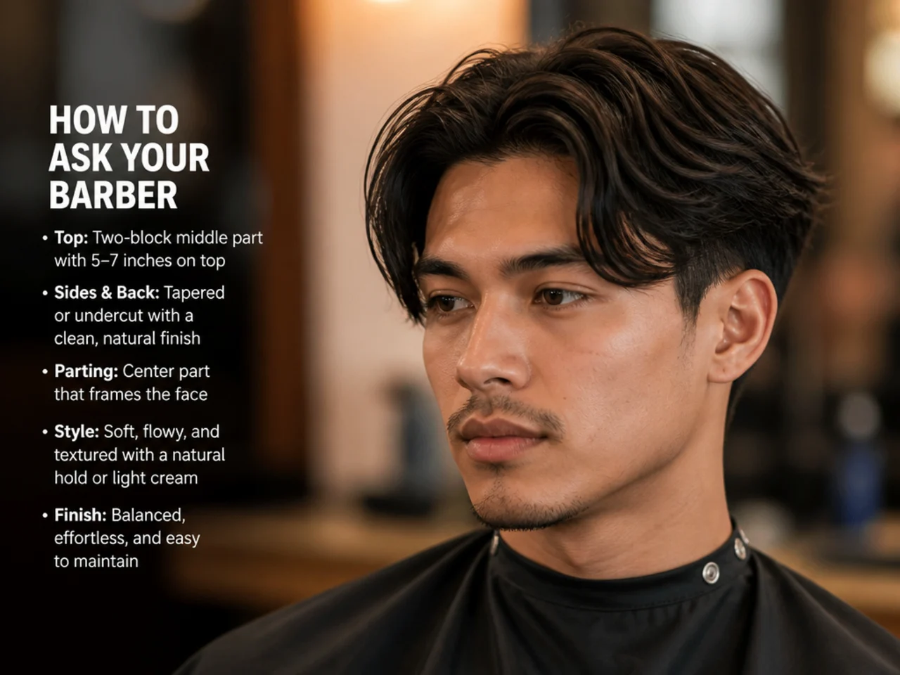 Asian man in a barber chair showing a phone reference photo to a barber for a two block middle part consultation