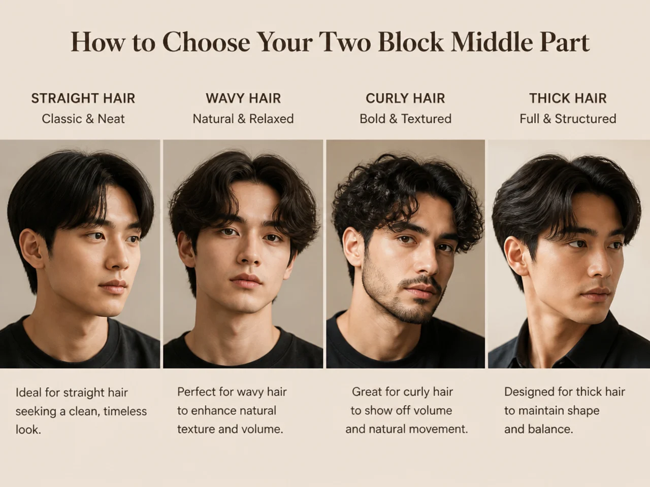 Side profile of a Korean man with a scissor-blended two block middle part showing top curtain length and hidden buzzed sides