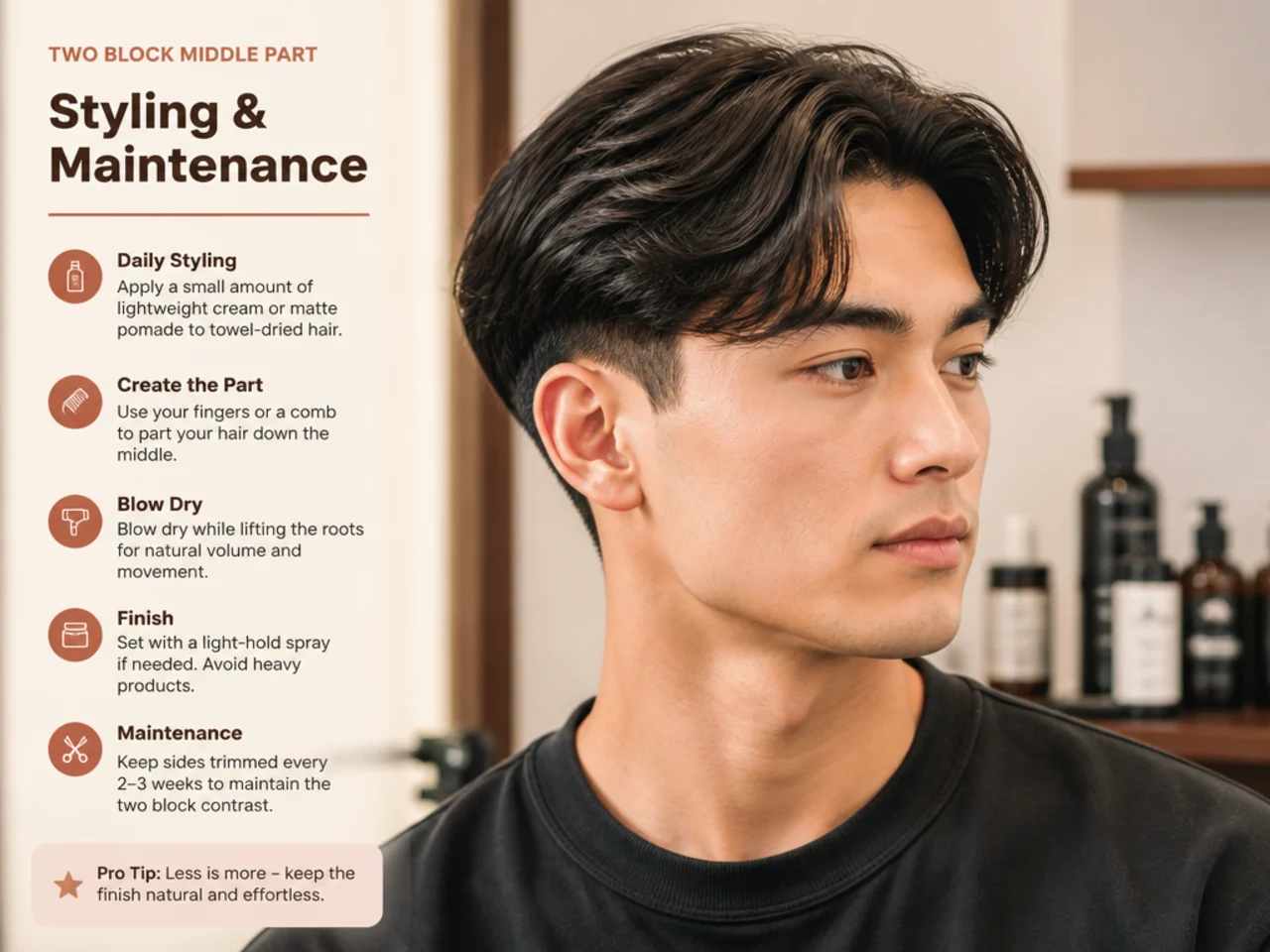 Two block middle part styling essentials — round brush, matte clay, curl cream, and sea-salt spray arranged on a warm cream surface