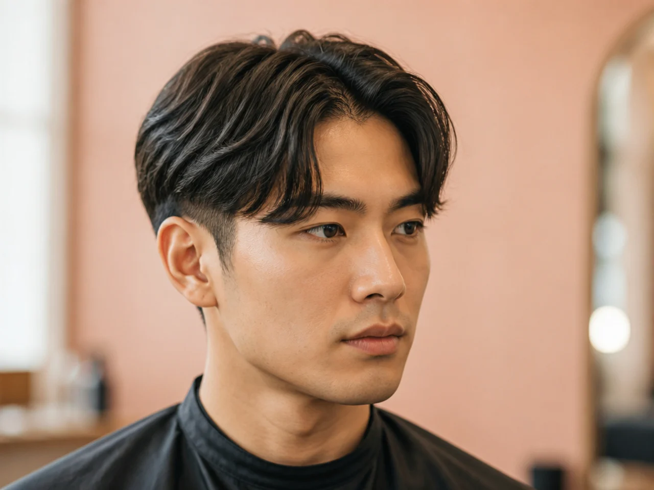 Two block middle part haircut on a young Korean man with 5 inches on top and hidden clipper sides underneath a center split