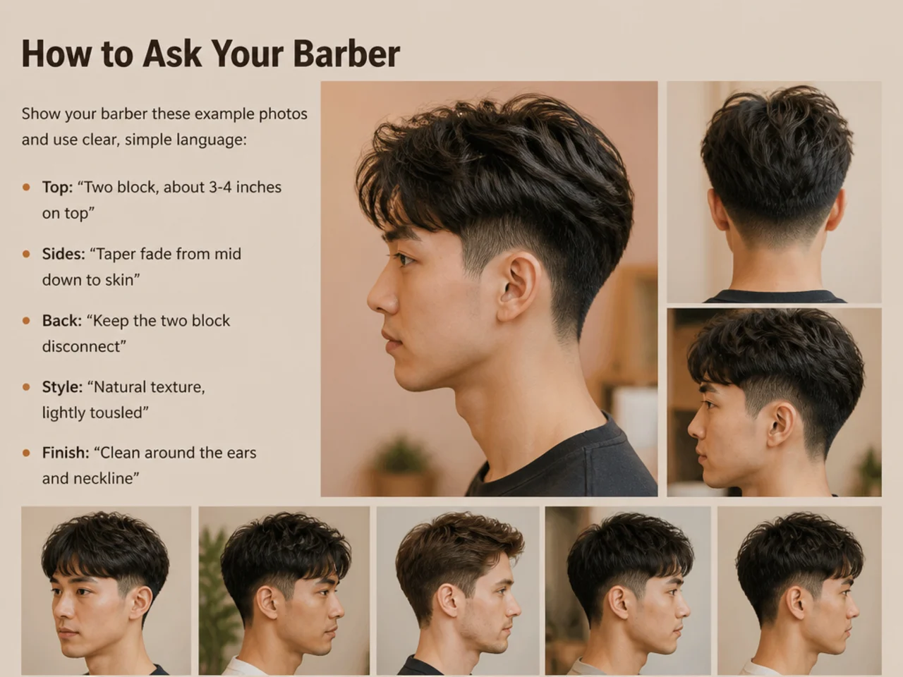 Barber consulting with a client using a phone reference photo before starting a two block taper fade