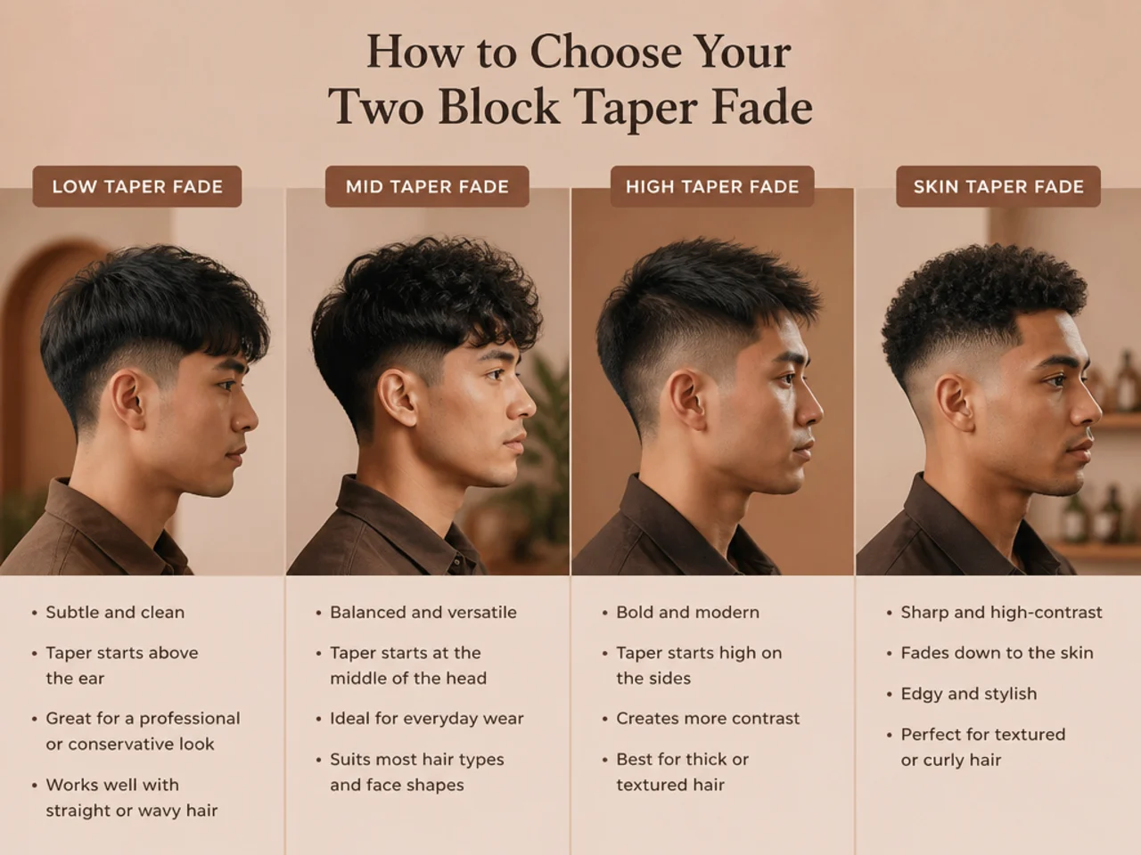 Face-shape comparison for the two block taper fade — three men with different face shapes wearing variations of the cut