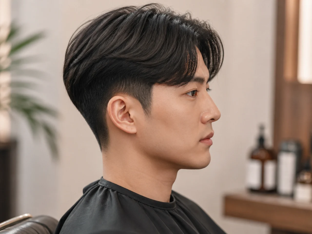 Korean two block with a soft low taper fade and center-parted top